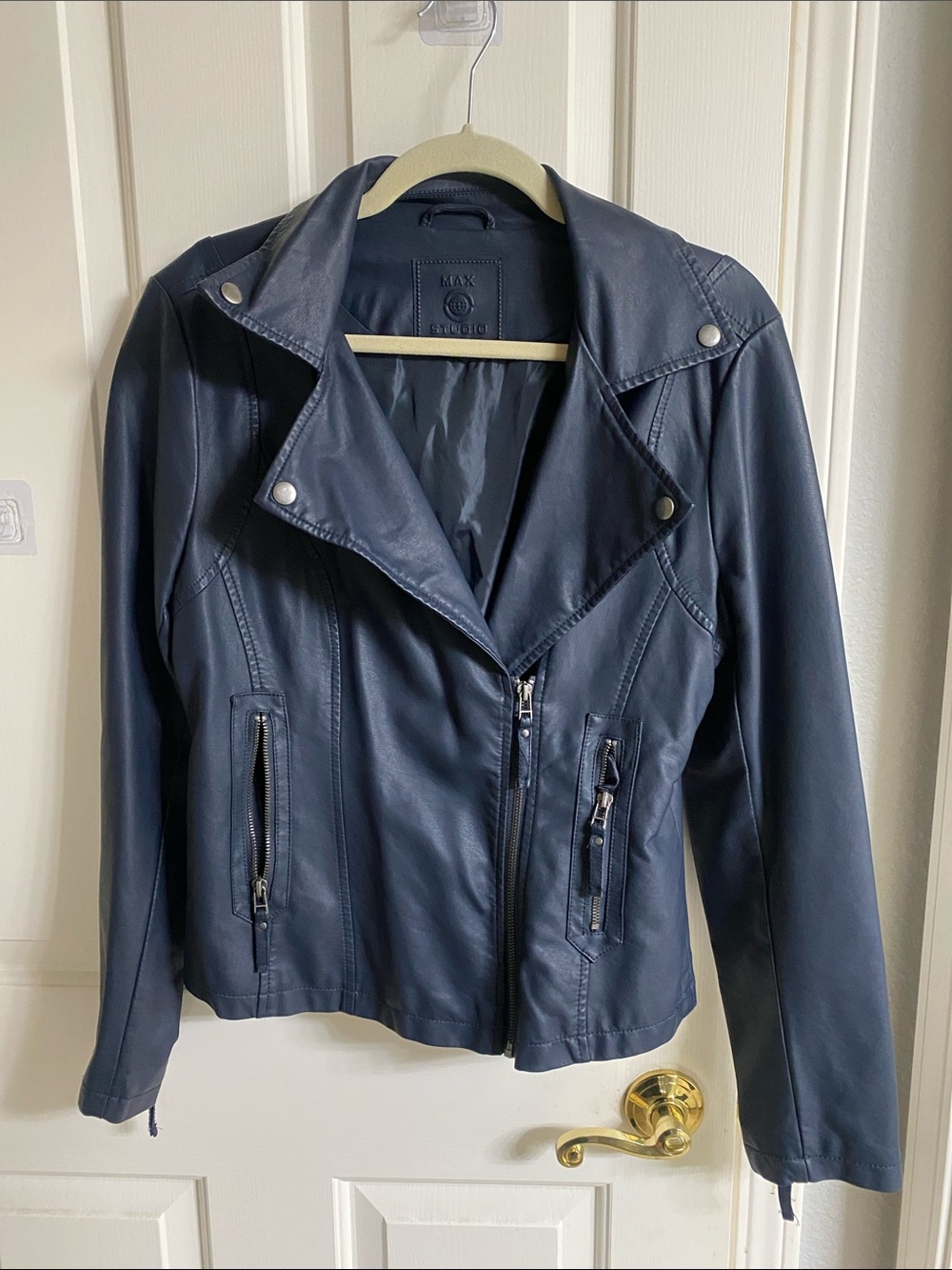 Max Studio Dark Navy Faux Leather Moto Jacket